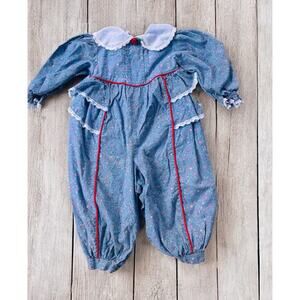 Vintage Bryan Baby Girl Blue Floral Romper Jumpsuit See Measurement 6-9mo 80's